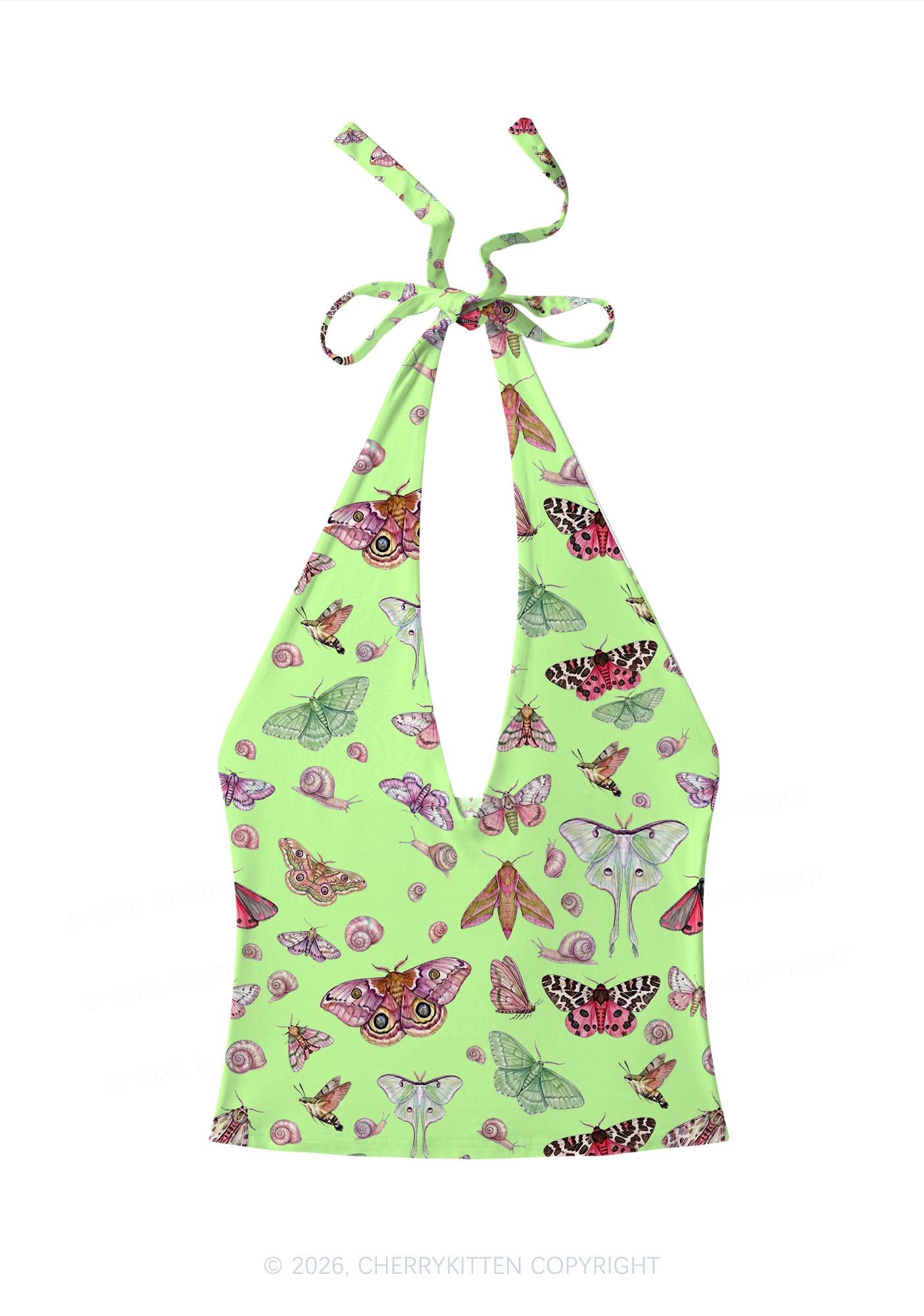 Lime Green Moth Snail Y2K Print Halter Deep V Neck Cami Cherrykitten