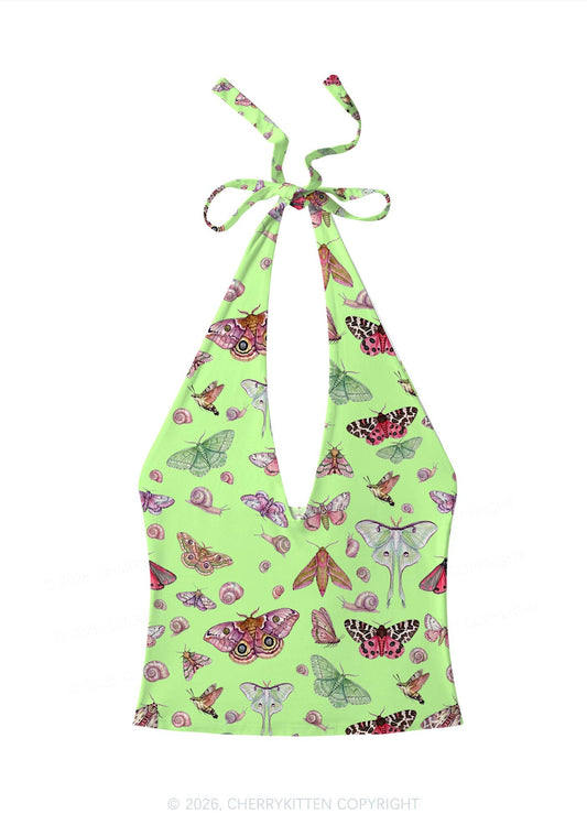Lime Green Moth Snail Y2K Print Halter Deep V Neck Cami Cherrykitten