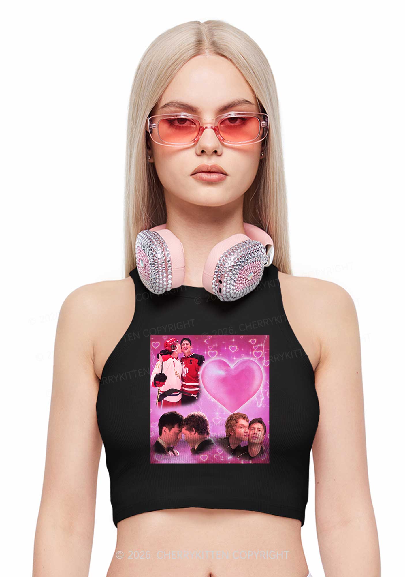 Pink Heart Portrait HR Y2K Crop Tank Top Cherrykitten