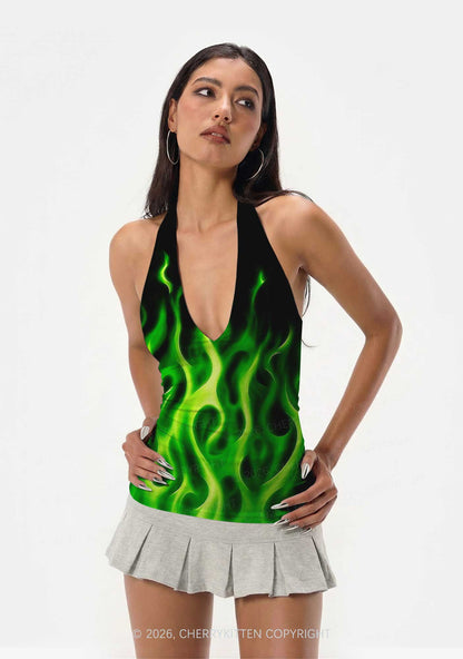 Neon Green Flame Y2K Print Halter Deep V Neck Cami Cherrykitten