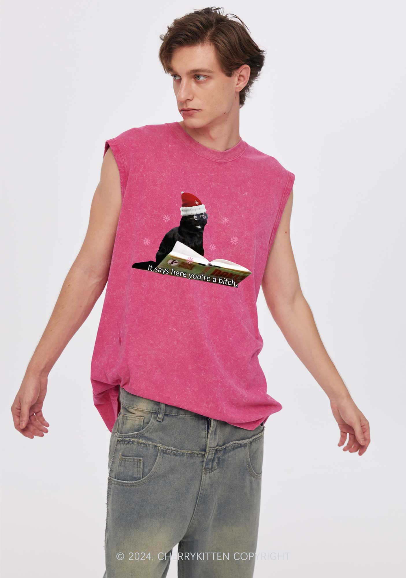 Christmas Cat Bxxch Y2K Washed Tank Cherrykitten