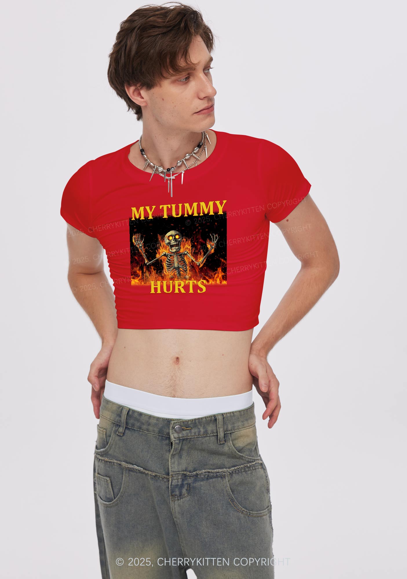 Skeleton Tummy Hurts Y2K Baby Tee Cherrykitten