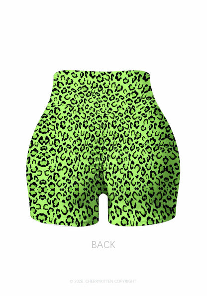 Fluorescent Green Leopard St Patricks Y2K Print Gym Shorts Cherrykitten