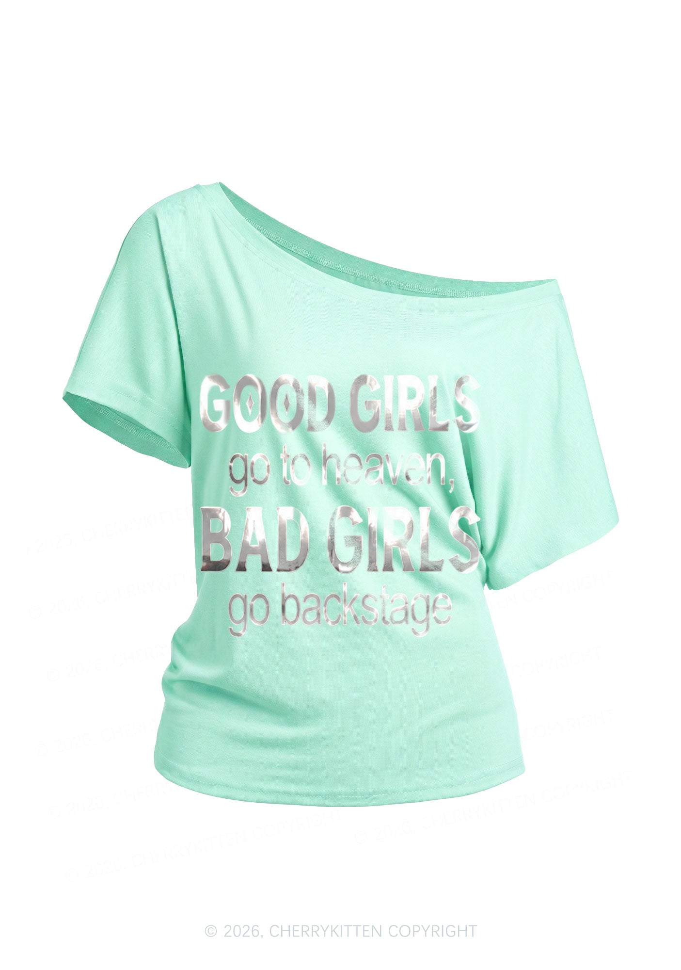 Bad Girls Go Backstage Silver Foil Printed Y2K Off Shoulder Tee Cherrykitten