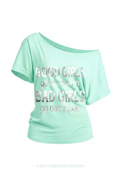 Bad Girls Go Backstage Silver Foil Printed Y2K Off Shoulder Tee Cherrykitten