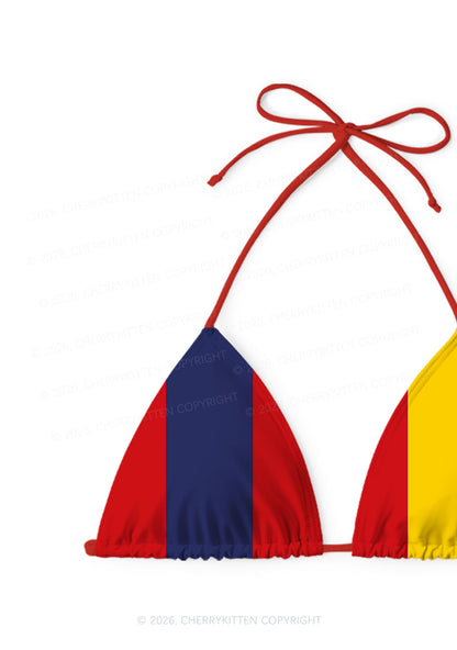 Red Navy Yellow Vertical Stripe Y2K Print Bikini Set Cherrykitten