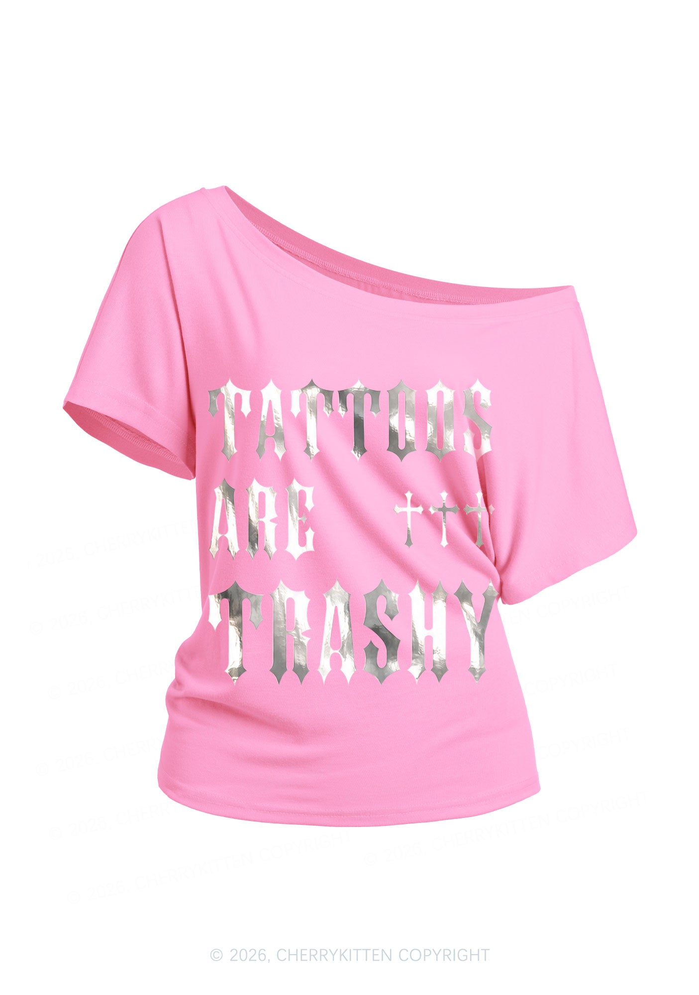 Tattoos Are Trashy Silver Foil Printed Y2K Off Shoulder Tee Cherrykitten