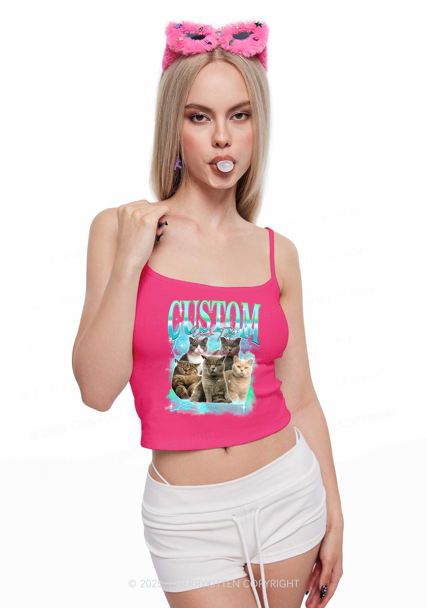 Custom Neon Lightning Cat Photo Y2K Spaghetti Strap Cami Cherrykitten