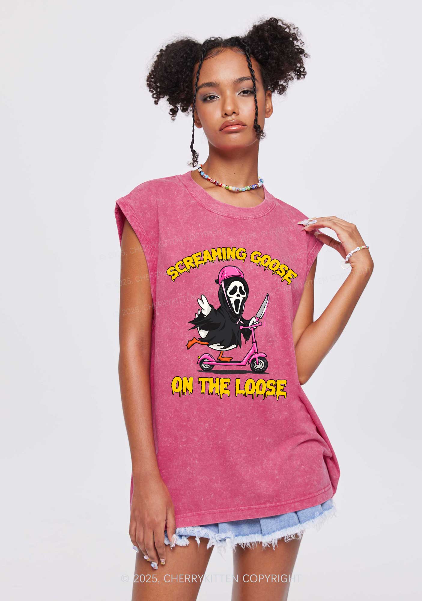 Halloween Screaming Goose On Loose Y2K Washed Muscle Tank Cherrykitten