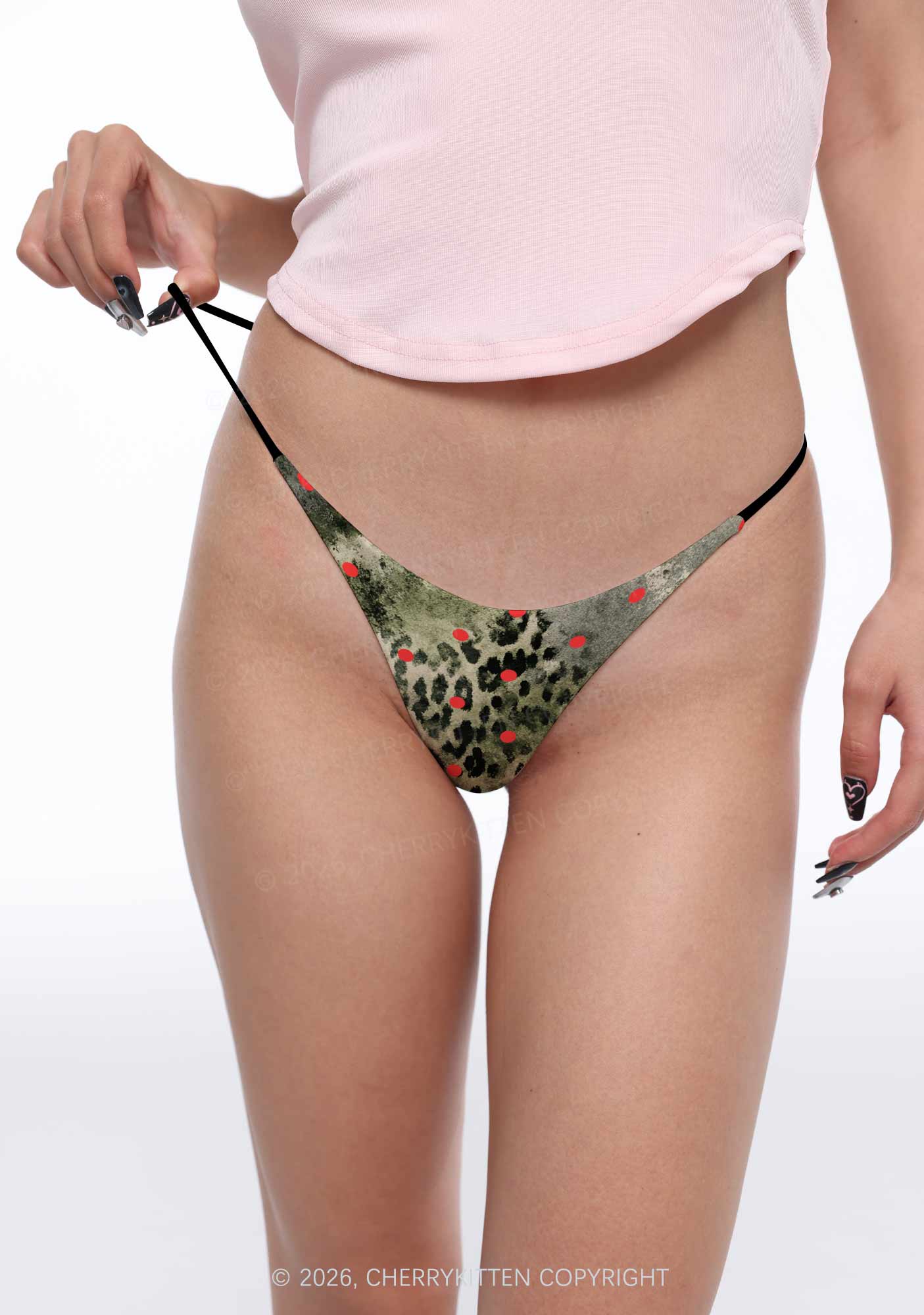 Red Dots On Green Leopard Y2K Print Bikini String Thong Cherrykitten