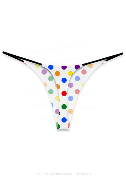 Rainbow Dots On White Pride Y2K Print Bikini String Thong Cherrykitten
