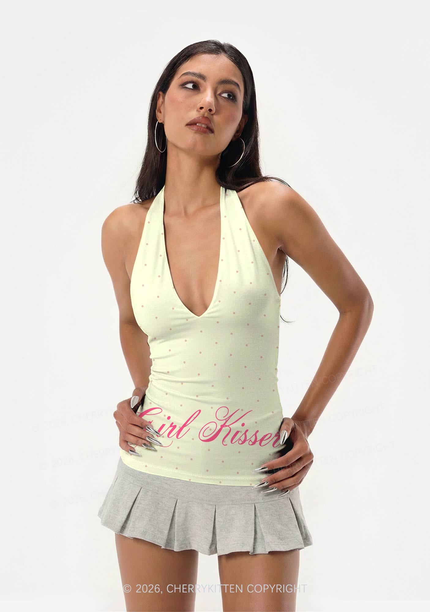 Girl Kisser Yellow Dots Pride Y2K Print Halter Deep V Neck Cami Cherrykitten