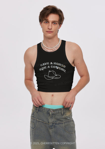 Rhinestone Save Horse Ride Cowgirl Y2K Crop Tank Top Cherrykitten