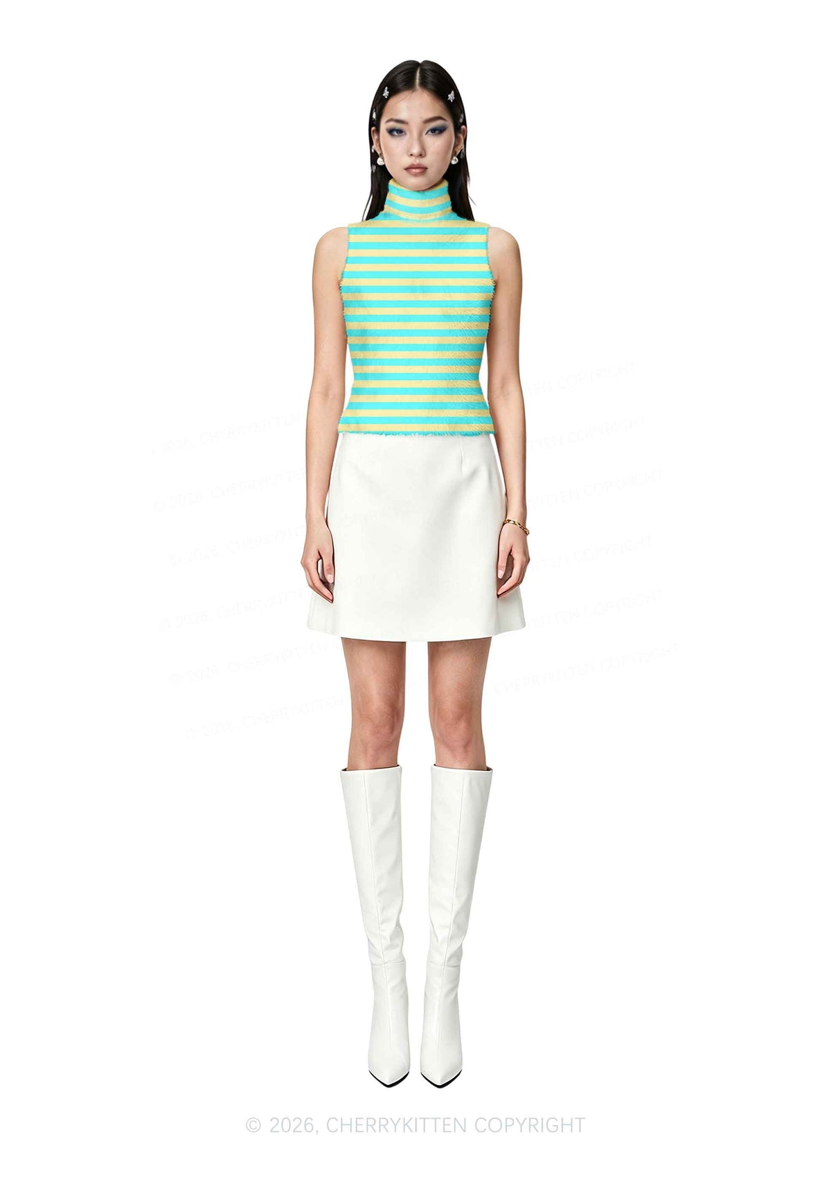 Mint Green Yellow Stripes Y2K Knit Turtleneck Tank Top Cherrykitten