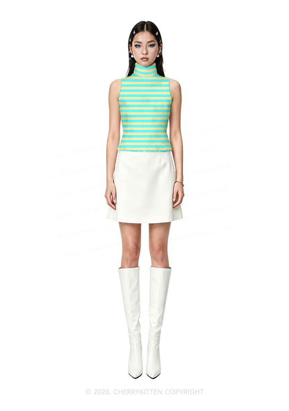 Mint Green Yellow Stripes Y2K Knit Turtleneck Tank Top Cherrykitten