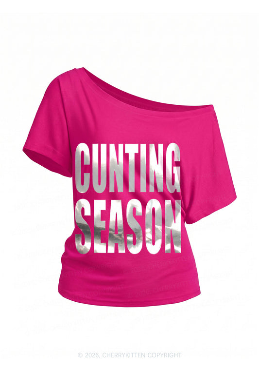 Cxxting Season Silver Foil Printed Y2K Off Shoulder Tee Cherrykitten