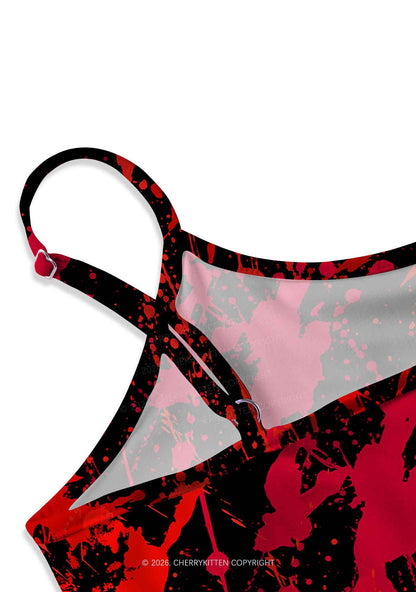 Halloween Red Blood On Black Y2K Print Slip Dress Cherrykitten