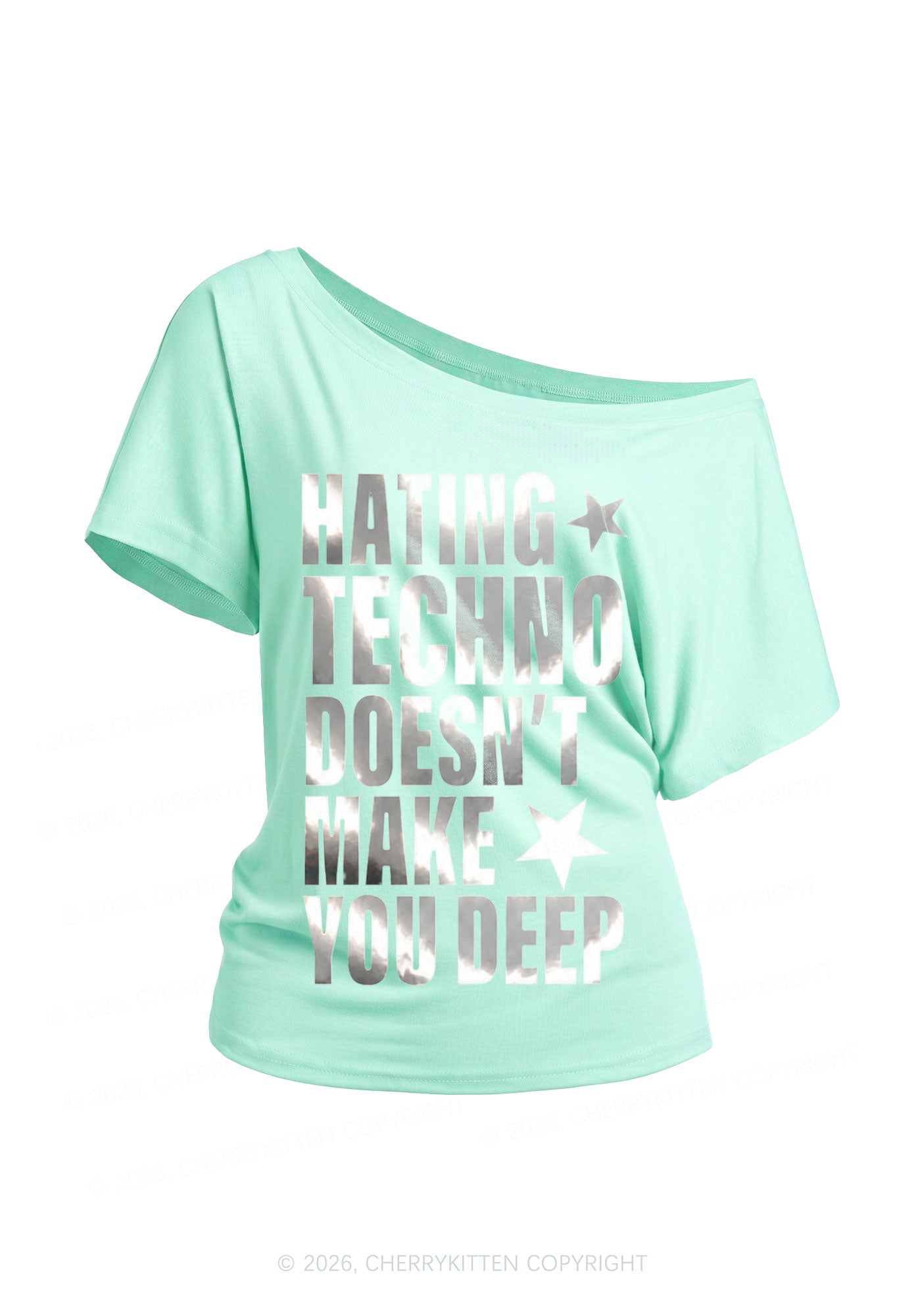 Hating Techno Silver Foil Printed Y2K Off Shoulder Tee Cherrykitten