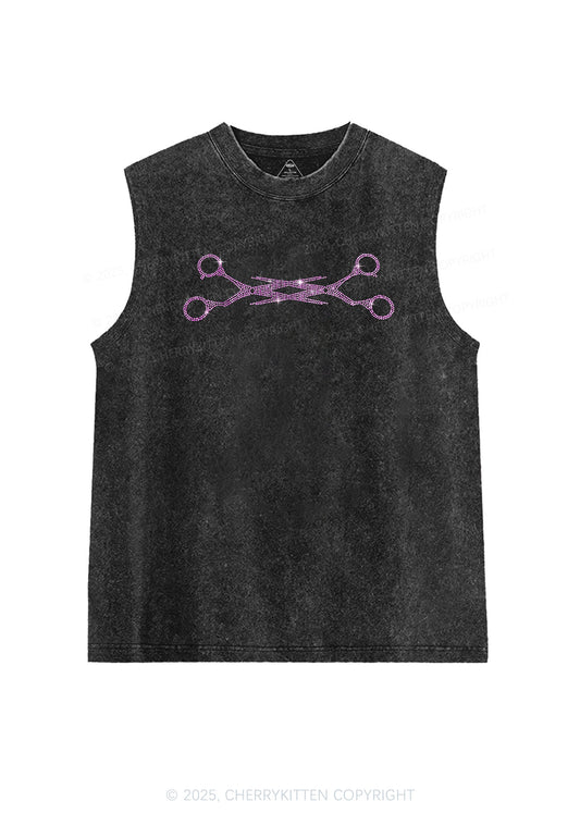 Rhinestone Pink Scissor Pride Y2K Washed Muscle Tank Cherrykitten