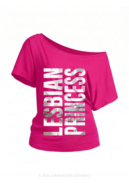 Lesbian Princess Pride Silver Foil Printed Y2K Off Shoulder Tee Cherrykitten