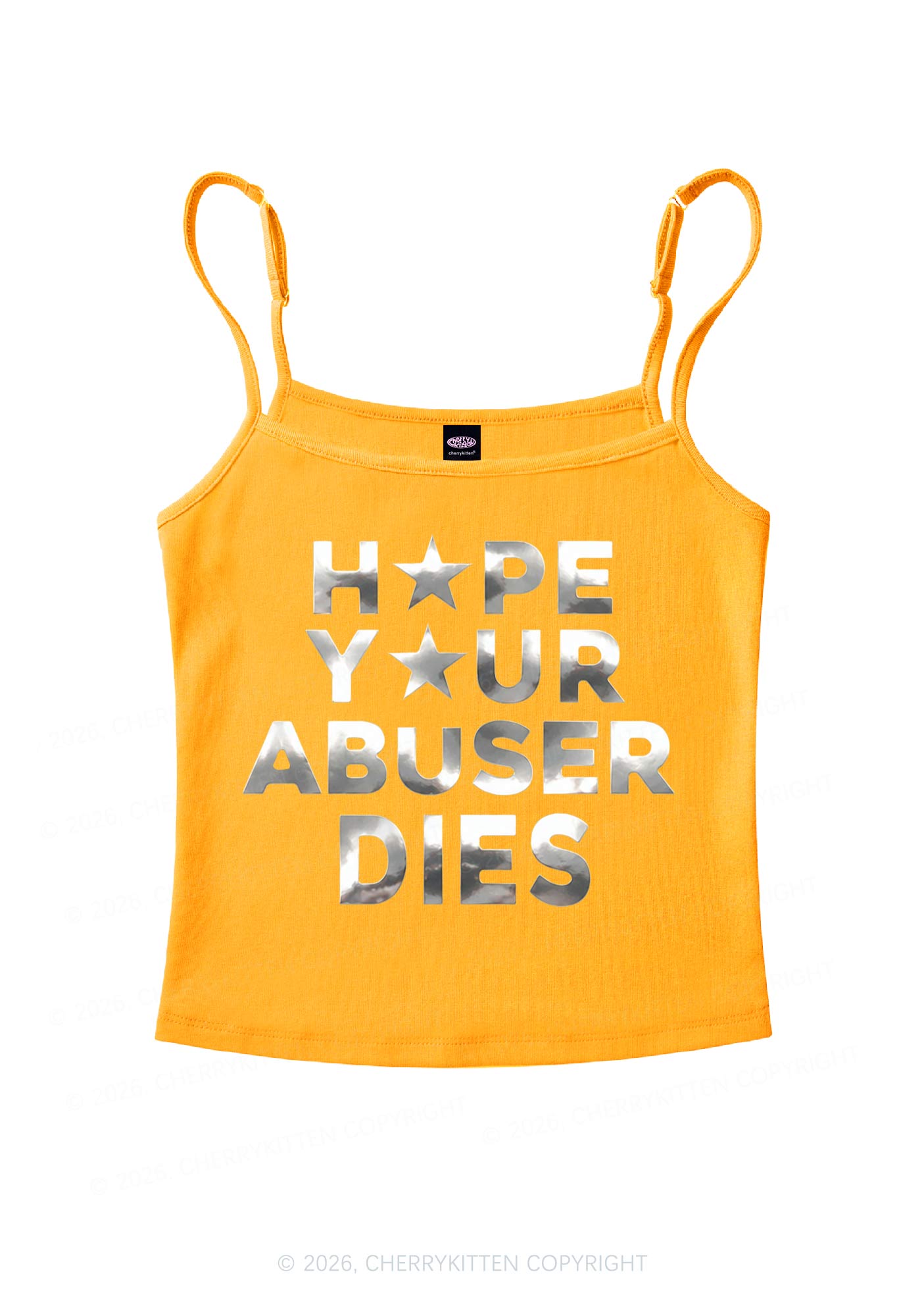 Abuser Dies Silver Foil Printed Y2K Spaghetti Strap Cami Cherrykitten