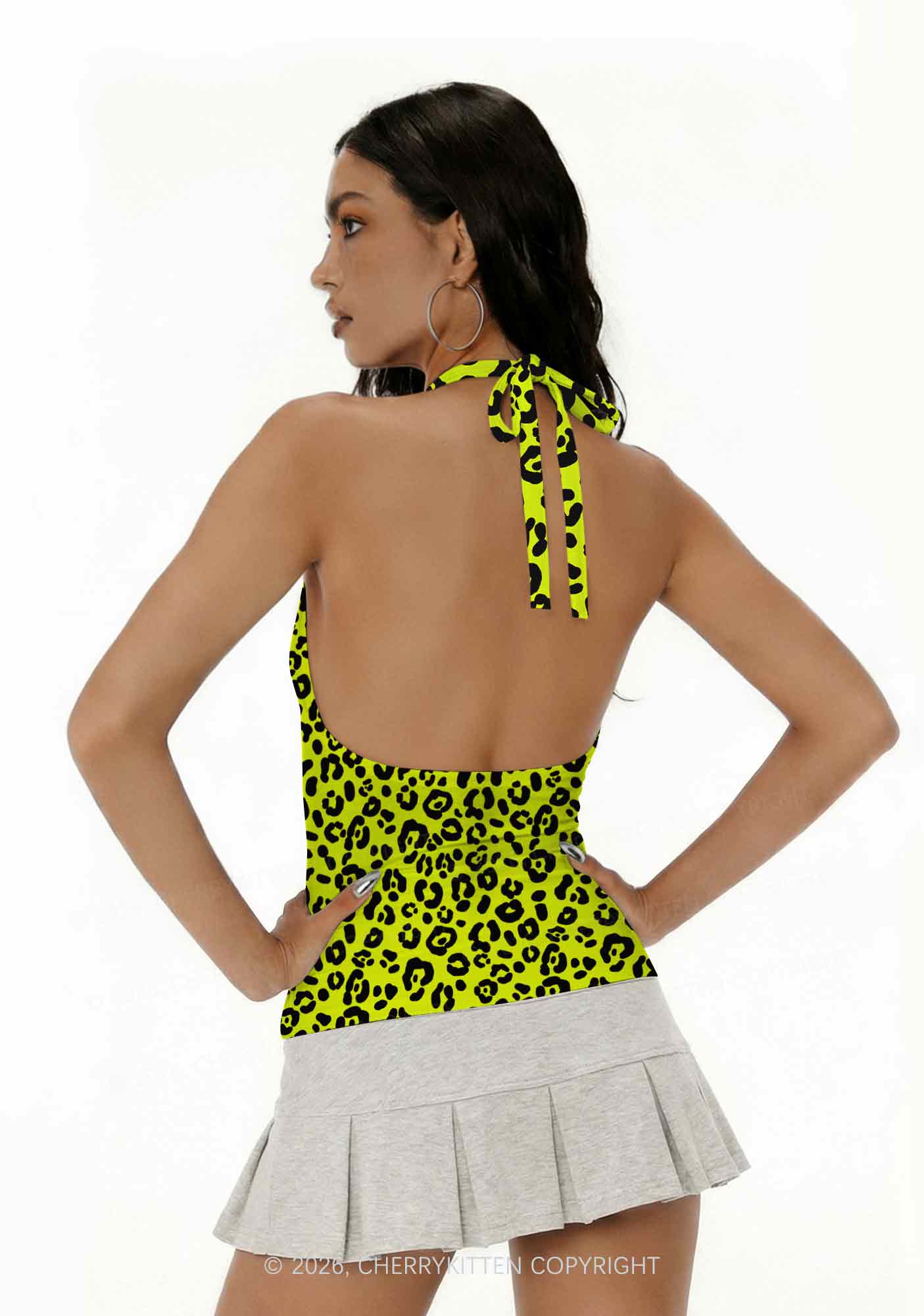Neon Leopard Y2K Print Halter Deep V Neck Cami Cherrykitten