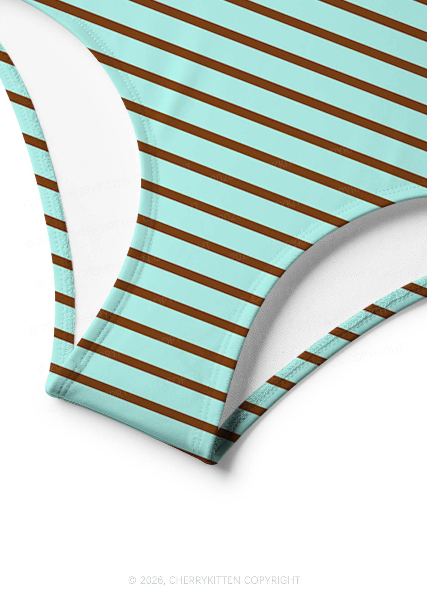Mint Brown Stripes Y2K Print Bikini Set Cherrykitten