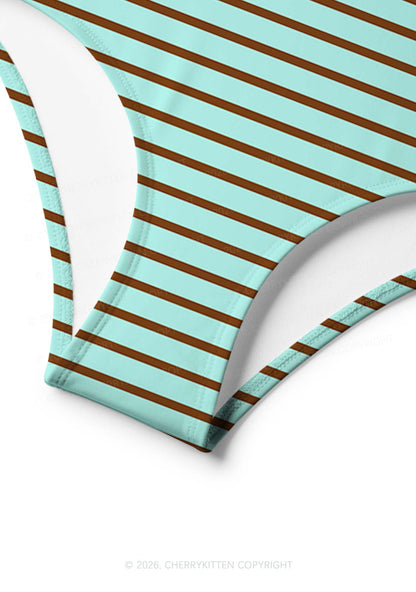 Mint Brown Stripes Y2K Print Bikini Set Cherrykitten