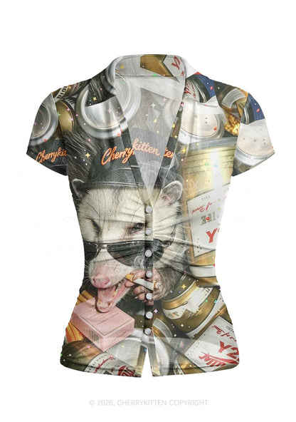 Smoking Opossum Y2K Mesh Ruched? Waist??V Neck?Top Cherrykitten