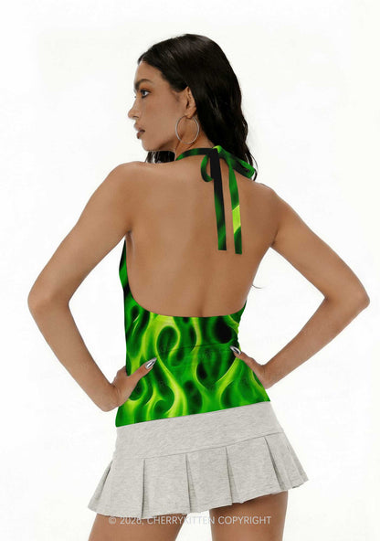 Neon Green Flame Y2K Print Halter Deep V Neck Cami Cherrykitten