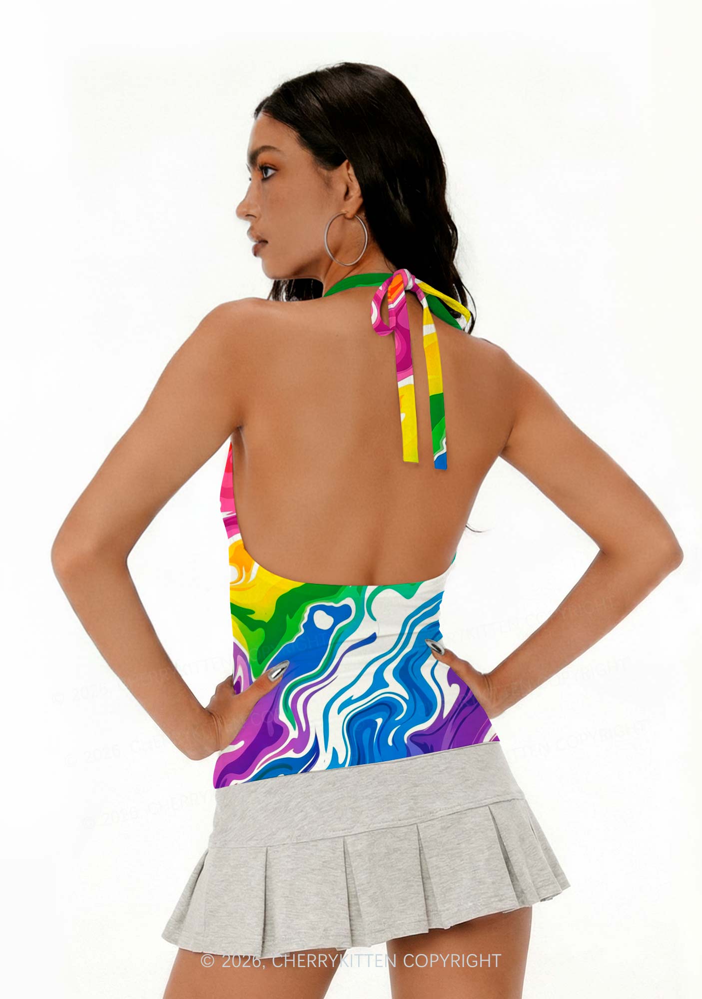 Rainbow Liquid Tie Dye Pride Y2K Print Halter Deep V Neck Cami Cherrykitten