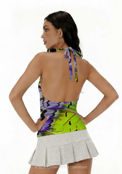 Purple Lime Butterfly Wing Y2K Print Halter Deep V Neck Cami Cherrykitten