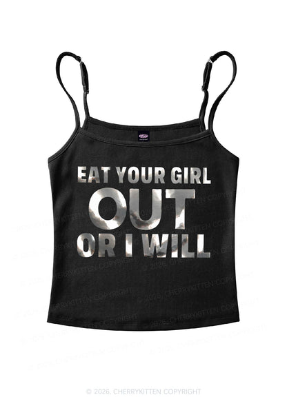 Eat Your Girl Out Silver Foil Printed Y2K Spaghetti Strap Cami Cherrykitten