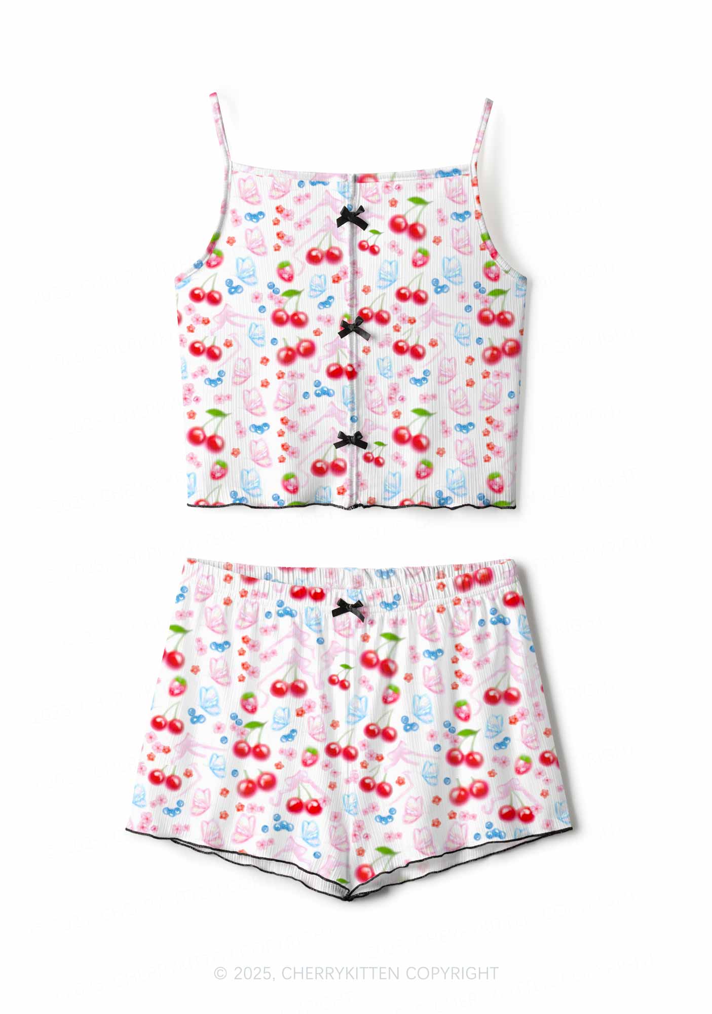 White Cherry Pie Valentine's Day Y2K Print Cami Shorts Pajama Set Cherrykitten