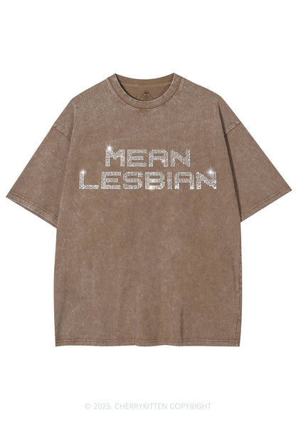 Rhinestone Mean Lesbian Pride Y2K Shirts Washed Tee Cherrykitten