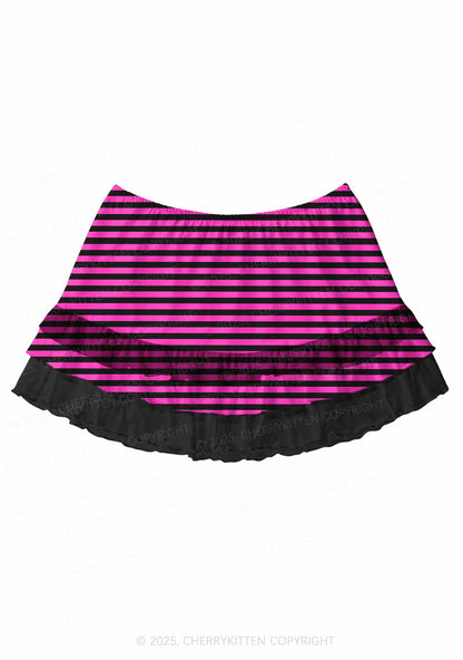 Pink And Black Stripe Valentine's Day Y2K Print Mini Layered Skirt Cherrykitten