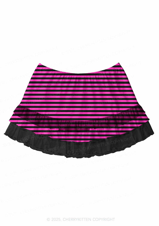 Pink And Black Stripe Valentine's Day Y2K Print Mini Layered Skirt Cherrykitten