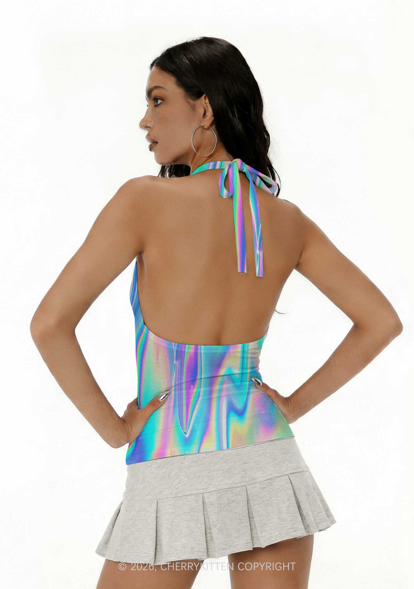 Holographic Iridescent Swirl Y2K Print Halter Deep V Neck Cami Cherrykitten