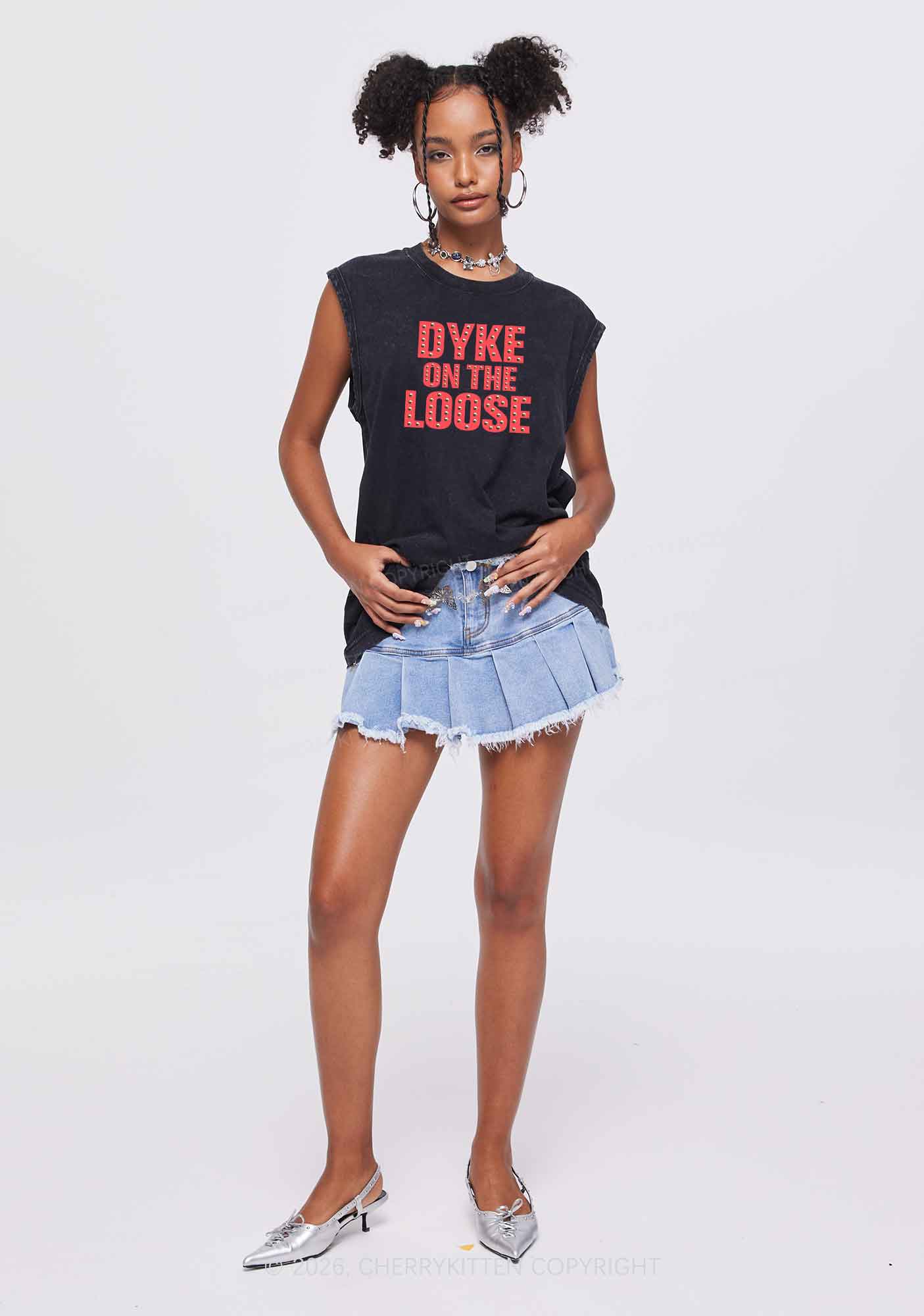 Dyke On The Loose Pride Y2K Washed Muscle Tank Cherrykitten