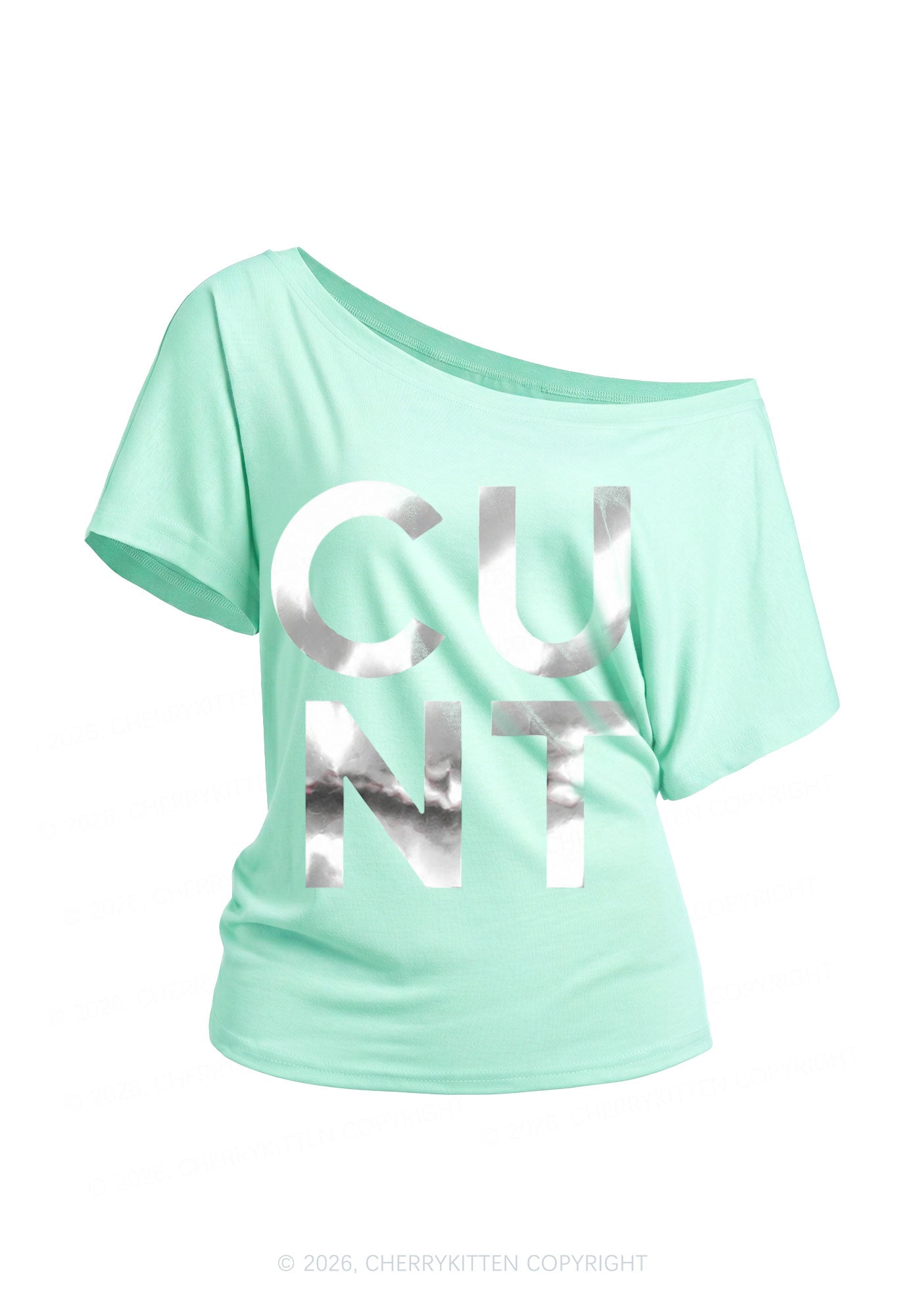Cxxt Silver Foil Printed Y2K Off Shoulder Tee Cherrykitten