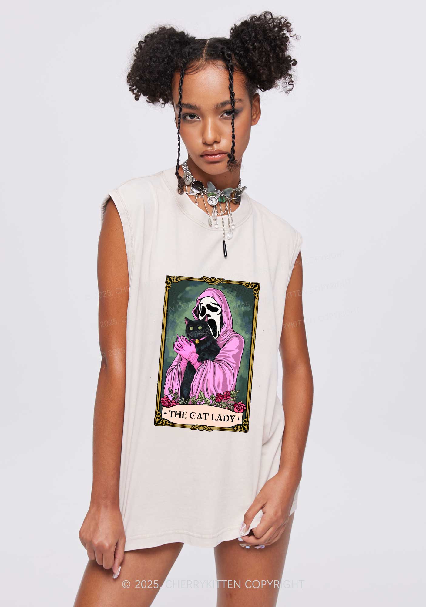 Halloween The Skull Cat Lady Y2K Washed Muscle Tank Cherrykitten