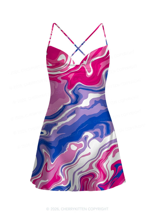 Bisexual Liquid Tie Dye Pride Y2K Print Satin Cowl Neck Slip Dress Cherrykitten