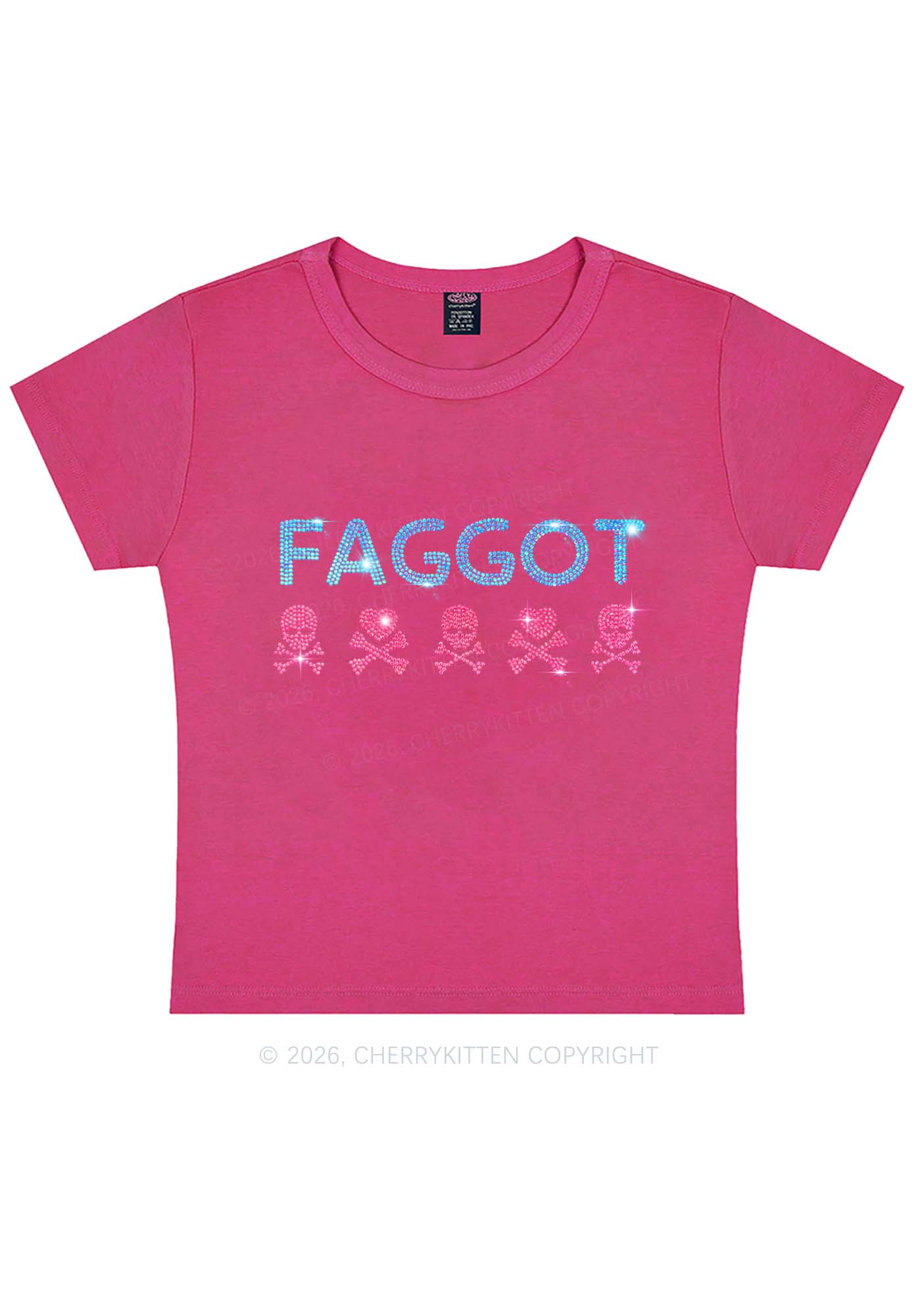 Rhinestone Faggot Skull Pride Y2K Baby Tee Cherrykitten