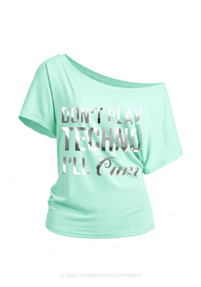 Dont Play Techno Silver Foil Printed Y2K Off Shoulder Tee Cherrykitten
