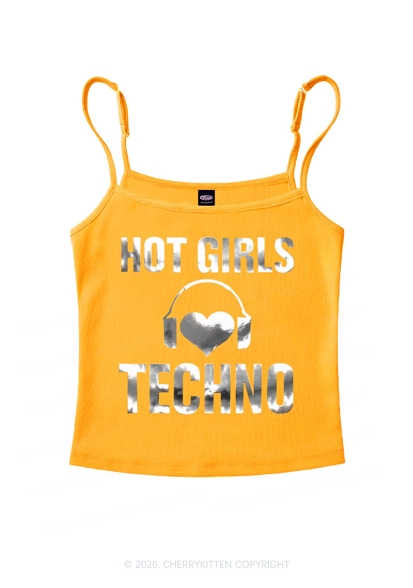 Hot Girls Love Techno Silver Foil Printed Y2K Spaghetti Strap Cami Cherrykitten