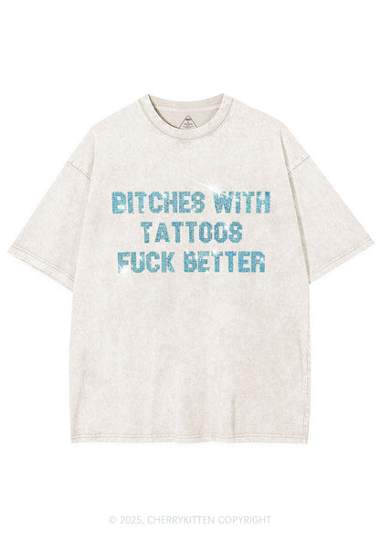 Rhinestone Bxxches With Tattoos Fxxk Better Y2K Shirts Washed Tee Cherrykitten