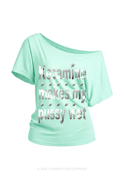 K Makes My Puxxy Wet Silver Foil Printed Y2K Off Shoulder Tee Cherrykitten