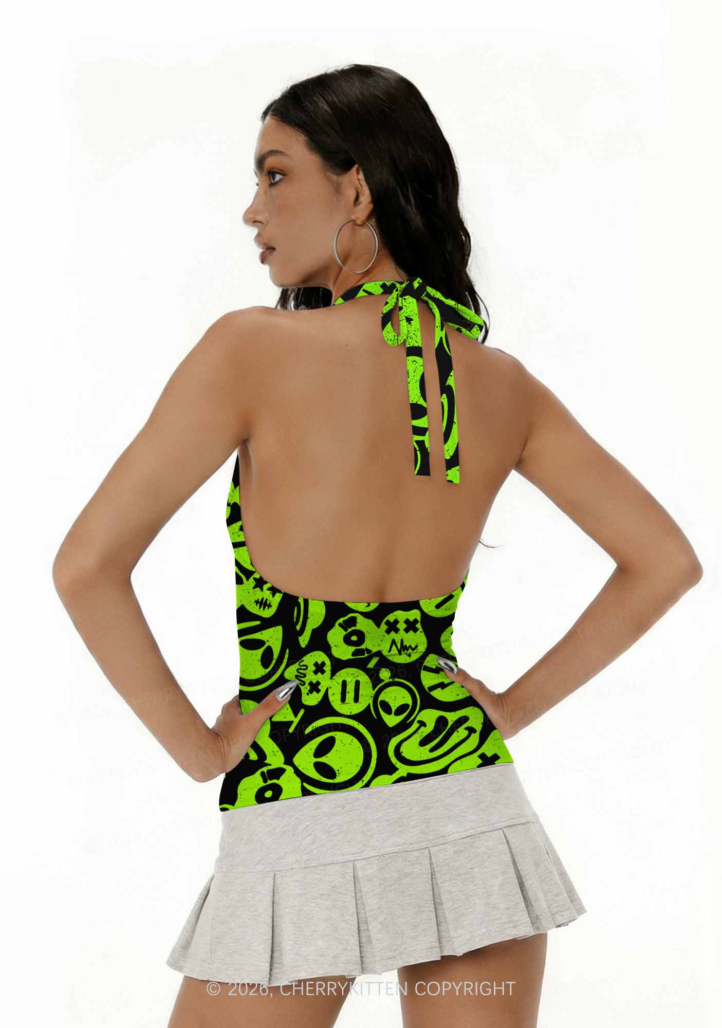 Green Alien Doodle Y2K Print Halter Deep V Neck Cami Cherrykitten