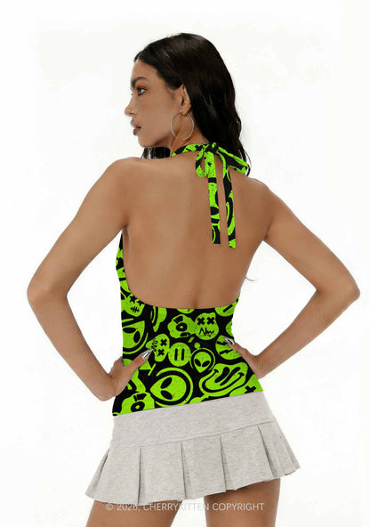 Green Alien Doodle Y2K Print Halter Deep V Neck Cami Cherrykitten