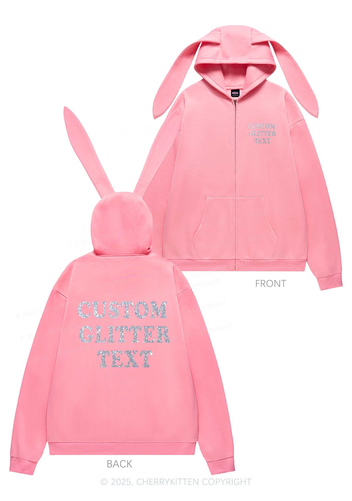 Custom Text Glitter Y2K Bunny Ear Zip Hoodie Cherrykitten